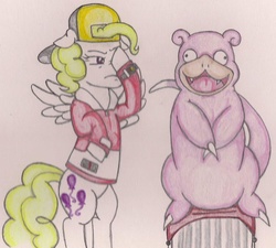 Size: 1153x1038 | Tagged: safe, artist:thegloriesbigj, surprise, slowpoke (pokémon), g1, facehoof, pokémon, pun, traditional art