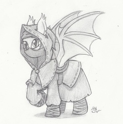 Size: 890x897 | Tagged: safe, artist:sensko, oc, oc only, bat pony, pony, grayscale, hood, monochrome, pencil drawing, raised hoof, simple background, sketch, solo, spy, traditional art, white background