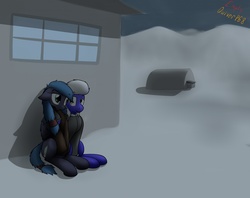 Size: 1280x1014 | Tagged: safe, artist:the-furry-railfan, oc, oc only, oc:night strike, oc:static charge, earth pony, pegasus, pony, fallout equestria, fallout equestria: empty quiver, building, clothes, couple, hangar, jacket, night, outdoors, snow, story