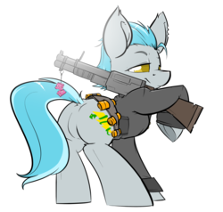 Size: 1280x1219 | Tagged: safe, artist:bbsartboutique, oc, oc only, bullet, butt, clothes, dice, frog (hoof), grenade launcher, gun, plot, simple background, solo, underhoof, weapon