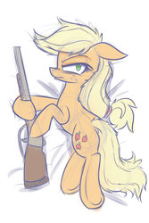 Size: 1000x1501 | Tagged: safe, artist:heir-of-rick, applejack, earth pony, pony, g4, body pillow, body pillow design, female, gun, looking at you, pillow, shotgun, simple background, sketch, solo, weapon