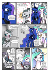 Size: 1331x1920 | Tagged: safe, artist:pencils, cloudy quartz, maud pie, princess celestia, princess luna, oc, oc:anon, alicorn, earth pony, human, pony, comic:anon's pie adventure, adoraquartz, adventure in the comments, anon ride, blushing, bracer, clothes, comic, crown, cute, cutelestia, derail in the comments, dock, dress, eyeshadow, female, glasses, hair bun, holding a pony, horseshoes, human male, jewelry, lunabetes, makeup, male, mare, maudabetes, moonbutt, necklace, necktie, nose wrinkle, pants, praise the moon, praise the sun, regalia, royal sisters, shirt, smiling, sunbutt, user meltdown in the comments, varying degrees of want, when she smiles