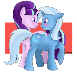 Size: 1024x955 | Tagged: safe, artist:sivra1885, starlight glimmer, trixie, pony, unicorn, g4, blushing, female, lesbian, mare, ship:startrix, shipping, simple background, transparent background