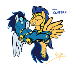 Size: 1024x971 | Tagged: safe, artist:bgn, flash sentry, general flash, soarin', pegasus, pony, g4, newbie dash, altius volans, armor, bedroom eyes, carrying, clipper, crack shipping, embrace, explicit source, gay, heart, helmet, hug, husbando thief, male, nervous, royal guard, shipping, simple background, soarinsentry, spread wings, stallion, white background, wonderbolts uniform