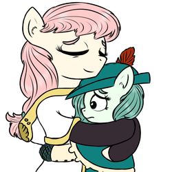 Size: 1500x1500 | Tagged: safe, artist:ficficponyfic, color edit, edit, oc, oc only, oc:emerald jewel, oc:hope blossoms, pony, colt quest, adult, child, clothes, color, colored, colt, embrace, eyes closed, female, foal, frown, hat, hug, male, mare, robe, sad
