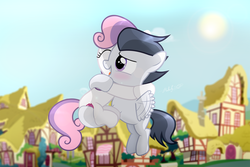 Size: 2934x1960 | Tagged: safe, artist:shutterflyeqd, rumble, sweetie belle, g4, blushing, buzzing wings, colt, cute, cutie mark, duo, duo male and female, female, filly, flying, foal, houses, hug, male, open mouth, ship:rumbelle, shipping, sky, straight, sun, the cmc's cutie marks, wings