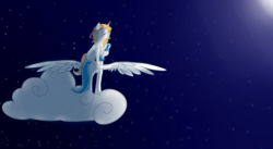Size: 1024x560 | Tagged: safe, artist:ashiikocx, oc, oc only, oc:crystal wishes, oc:winterspear, beauty mark, cloud, cute, eyes closed, female, night, offspring, parent:jet set, parent:upper crust, parents:upperset, ponies riding ponies, riding, sitting, smiling, spread wings, stars