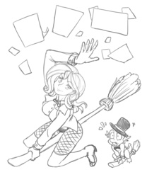 Size: 1280x1539 | Tagged: safe, artist:nauth, spike, sunset shimmer, human, g4, broom, flying broomstick, humanized, monochrome, sketch