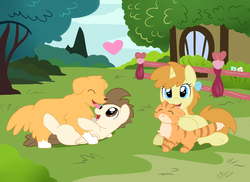 Size: 3509x2550 | Tagged: safe, artist:pridark, pound cake, pumpkin cake, oc, oc:champ (dog), oc:tiger lily (cat), cat, dog, golden retriever, g4, cake twins, cute, high res, licking, older, playing, tongue out