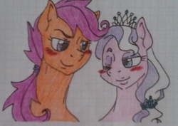 Size: 1037x733 | Tagged: safe, artist:tejedora, diamond tiara, scootaloo, g4, blushing, crayon drawing, cute, female, graph paper, lesbian, lined paper, long neck, older, scootalove, ship:scootiara, shipping, traditional art, wink