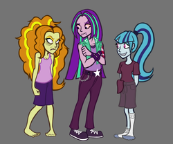 Size: 1200x1000 | Tagged: safe, artist:madness-with-reason, adagio dazzle, aria blaze, sonata dusk, equestria girls, g4, angry, aria-blazin-it, barefoot, clothes, feet, glare, grin, gritted teeth, loose hair, smiling, tank top, the dazzlings