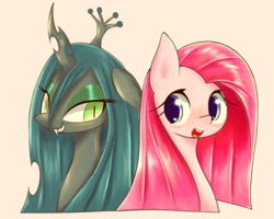 Size: 1000x800 | Tagged: safe, artist:91o42, pinkie pie, queen chrysalis, changeling, changeling queen, earth pony, pony, g4, beige background, blushing, bust, crown, cute, cutealis, cuteamena, duo, duo female, female, jewelry, looking at each other, mare, open mouth, pinkamena diane pie, portrait, regalia, simple background, smiling