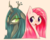 Size: 1000x800 | Tagged: safe, artist:91o42, pinkie pie, queen chrysalis, changeling, changeling queen, earth pony, pony, g4, beige background, blushing, bust, crown, cute, cutealis, cuteamena, duo, duo female, female, jewelry, looking at each other, mare, open mouth, pinkamena diane pie, portrait, regalia, simple background, smiling