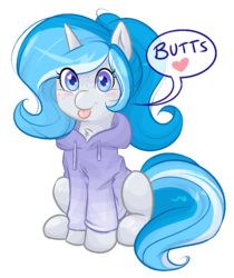 Size: 898x1068 | Tagged: safe, artist:askbubblelee, oc, oc only, oc:bubble lee, oc:imago, pony, unicorn, :p, alternate hairstyle, blushing, butts, clothes, cute, female, freckles, heart, heart eyes, hoodie, looking at you, mare, simple background, sitting, smiling, solo, sweater, tongue out, transparent background, wingding eyes