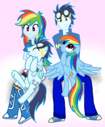 Size: 661x796 | Tagged: safe, artist:tsundra, rainbow dash, soarin', human, pony, equestria girls, g4, bellyrubs, equestria girls-ified, female, holding a pony, human ponidox, humanized, male, ship:soarindash, shipping, straight