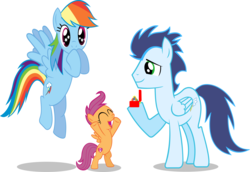 Size: 10026x6904 | Tagged: safe, artist:jpokebrony, rainbow dash, scootaloo, soarin', pony, g4, absurd resolution, female, male, marriage proposal, old cutie mark, ring, ship:soarindash, shipping, simple background, straight, transparent background, wedding ring