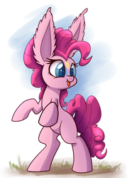 Size: 1000x1400 | Tagged: safe, artist:heir-of-rick, pinkie pie, earth pony, pony, g4, :p, alternative cutie mark placement, bipedal, ear fluff, female, impossibly large ears, ponk, silly, silly pony, solo, tongue out