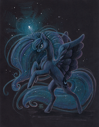 Size: 700x892 | Tagged: safe, artist:griffsnuff, princess luna, g4, female, magic, rearing, solo, spread wings, traditional art