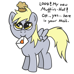 Size: 1168x1168 | Tagged: safe, artist:muffinexplosion, derpy hooves, g4, cute, dialogue, eyes on the prize, female, filly, food, heart, letter, looking up, mail, mouth hold, muffin, simple background, smiling, solo, white background, younger