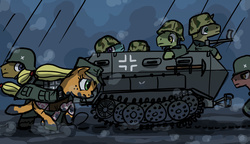 Size: 1800x1040 | Tagged: safe, artist:hotdog, applejack, g4, dark, dirty, german, half-track, hanomag, mud, muddy, rainy, stahlhelm, world war ii