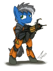 Size: 956x1280 | Tagged: safe, artist:buckweiser, oc, oc only, oc:buckminster, pony, bipedal, clothes, crossover, gravity gun, half-life, hev suit, hoof hold, signature, sketchy, solo