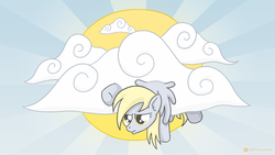 Size: 1920x1080 | Tagged: safe, artist:muffinexplosion, derpy hooves, pegasus, pony, g4, cloud, female, mare, solo, stuck, stuck in a cloud, sun