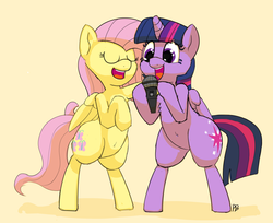 Size: 1280x1043 | Tagged: safe, artist:pabbley, fluttershy, twilight sparkle, alicorn, pony, g4, belly button, bipedal, cute, duo, female, folded wings, lesbian, microphone, ship:twishy, shipping, shyabetes, singing, twiabetes, twilight sparkle (alicorn), wings