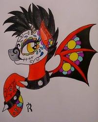 Size: 773x960 | Tagged: safe, artist:dawn-designs-art, oc, oc only, oc:cheeky devil, bat pony, pony, abstract, abstract art, candy skull, dada, death mask, modern art, solo