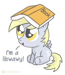 Size: 982x1122 | Tagged: safe, artist:muffinexplosion, derpy hooves, pegasus, pony, g4, book, cute, derpabetes, dialogue, female, filly, hat, hnnng, open mouth, simple background, solo, weapons-grade cute, white background, younger