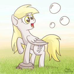 Size: 2000x2000 | Tagged: safe, artist:muffinexplosion, derpy hooves, pegasus, pony, g4, bubble, female, mare, open mouth, raised hoof, solo