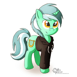 Size: 2000x2000 | Tagged: safe, artist:muffinexplosion, lyra heartstrings, pony, unicorn, fanfic:background pony, g4, clothes, dig the swell hoodie, female, hoodie, simple background, smiling, solo, white background