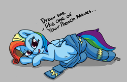 Size: 1280x822 | Tagged: safe, artist:pabbley, rainbow dash, pegasus, pony, g4, newbie dash, bedroom eyes, belly, belly button, clothes, dialogue, draw me like one of your french girls, female, hips, looking at you, lying down, on side, open mouth, rainbow fash, solo, sultry pose, thunder thighs, undressing, wonderbolts uniform