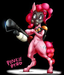 Size: 1488x1752 | Tagged: safe, artist:gun-modoki, pinkie pie, earth pony, pony, g4, belly button, bipedal, crossover, female, flamethrower, gas mask, parody, pyro (tf2), solo, team fortress 2, weapon