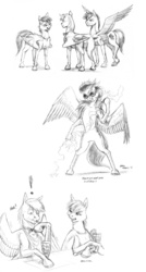 Size: 1100x2052 | Tagged: safe, artist:baron engel, rainbow dash, oc, oc:sky brush, oc:squall line, oc:trade winds, pegasus, pony, g4, bipedal, butt, cook, eating, food, lightning, male, monochrome, necklace, parent, parfait, pencil drawing, plot, stallion, story in the source, traditional art