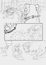 Size: 3544x5016 | Tagged: safe, artist:silfoe, grogar (g1), star swirl the bearded, oc, oc:golden vellum, comic:ascension, g1, g4, cloven hooves, comic, glowing horn, grayscale, horn, magic, male, monochrome, ram