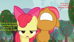 Size: 1280x720 | Tagged: safe, apple bloom, babs seed, g4, floppy ears, frown, glare, gritted teeth, open mouth, unamused, wat, wwe