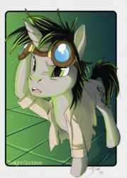 Size: 700x979 | Tagged: safe, artist:d-oublehelix, oc, oc only, oc:double helix, pony, unicorn, goggles, solo