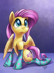 Size: 900x1223 | Tagged: safe, artist:tsitra360, fluttershy, pegasus, pony, g4, clothes, cute, female, mare, shyabetes, signature, smiling, socks, solo