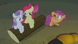 Size: 1280x720 | Tagged: safe, screencap, apple bloom, scootaloo, sweetie belle, earth pony, pegasus, pony, unicorn, g4, sleepless in ponyville, belly, cutie mark crusaders, female, filly, lidded eyes, sitting, want