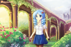 Size: 1125x750 | Tagged: safe, artist:lumineko, oc, oc only, oc:opuscule antiquity, human, barely pony related, book, castle, clothes, drill hair, garden, humanized, humanized oc, pantyhose, scenery, skirt, solo