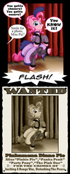 Size: 1000x2471 | Tagged: safe, artist:texasuberalles, pinkie pie, earth pony, pony, g4, over a barrel, bipedal, clothes, comic, dancing, dress, female, ponk, poster, saloon dress, saloon pinkie, singing, solo, speech bubble, stage, wanted poster