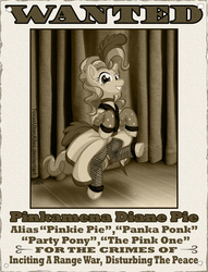 Size: 720x940 | Tagged: safe, artist:texasuberalles, pinkie pie, earth pony, pony, g4, over a barrel, bipedal, burlesque, clothes, dancing, dress, female, fishnet stockings, mare, ponk, poster, saloon dress, saloon pinkie, sepia, singing, solo, stage, wanted poster