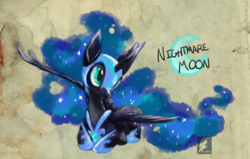 Size: 1200x763 | Tagged: safe, artist:roark030, nightmare moon, g4, cute, female, prone, solo, traditional art, watercolor painting