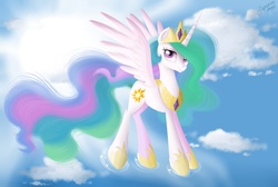 Size: 3000x2014 | Tagged: safe, artist:vird-gi, princess celestia, alicorn, pony, g4, cloud, female, flying, sky, solo, spread wings