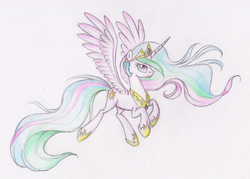 Size: 2264x1623 | Tagged: dead source, safe, artist:vird-gi, princess celestia, pony, g4, female, flying, solo, traditional art