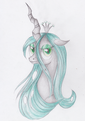 Size: 1951x2794 | Tagged: dead source, safe, artist:vird-gi, queen chrysalis, changeling, changeling queen, pony, g4, bust, female, portrait, solo, traditional art