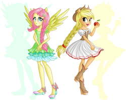 Size: 3000x2400 | Tagged: dead source, safe, artist:vird-gi, applejack, fluttershy, equestria girls, g4, apple, clothes, dress, food, ponied up