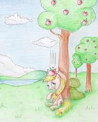 Size: 1812x2266 | Tagged: safe, artist:vird-gi, applejack, earth pony, pony, g4, apple, female, food, isaac newton, sir isaac newton, solo, traditional art, tree