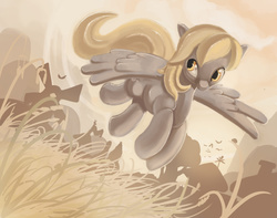 Size: 1024x807 | Tagged: safe, artist:glasswhistle, derpy hooves, pegasus, pony, g4, female, flying, mare, solo, underp