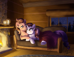 Size: 3300x2550 | Tagged: safe, artist:alex-heberling, rarity, oc, oc:kydose, g4, blanket, cabin, candle, canon x oc, couch, female, fire, hug, loving gaze, male, mountain, night, raridose, romantic, shipping, snuggling, stars, straight